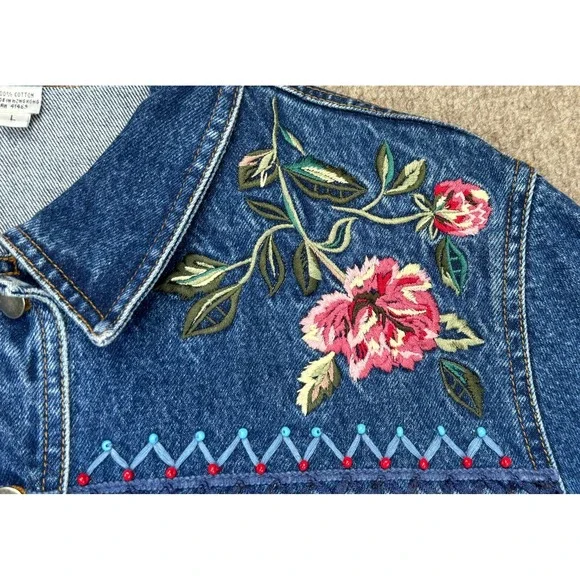Together Women's Vintage Rare Embroidered‎ Button Up Denim Jacket Size Large